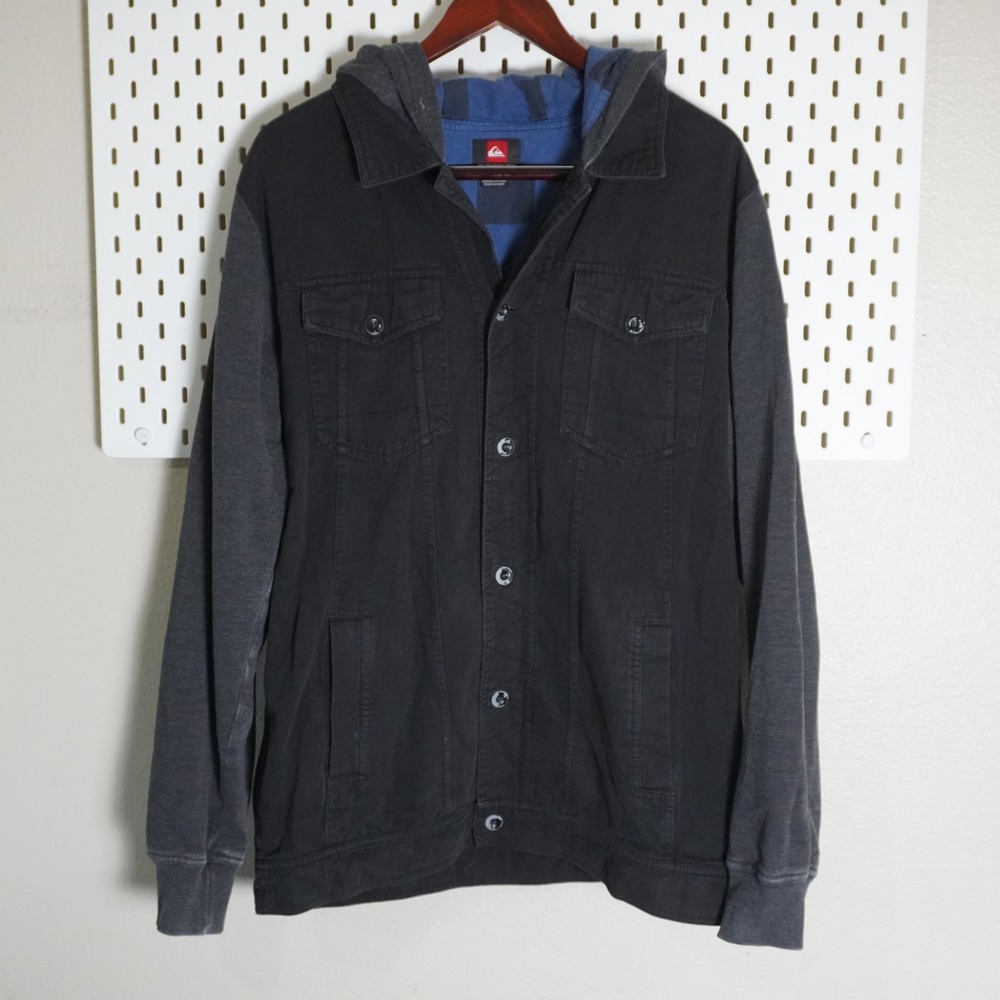 Quiksilver Hooded Jacket Mens Large Black Gray‎ Button Up Shirt Jacket
